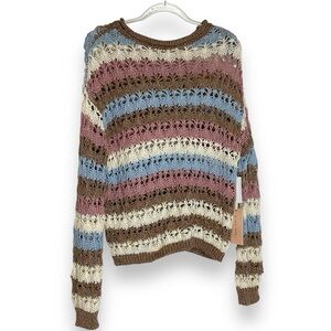Black Tape Sweater Striped Crochet Knit‎ Pink Blue Brown Lightweight Size XS NWT